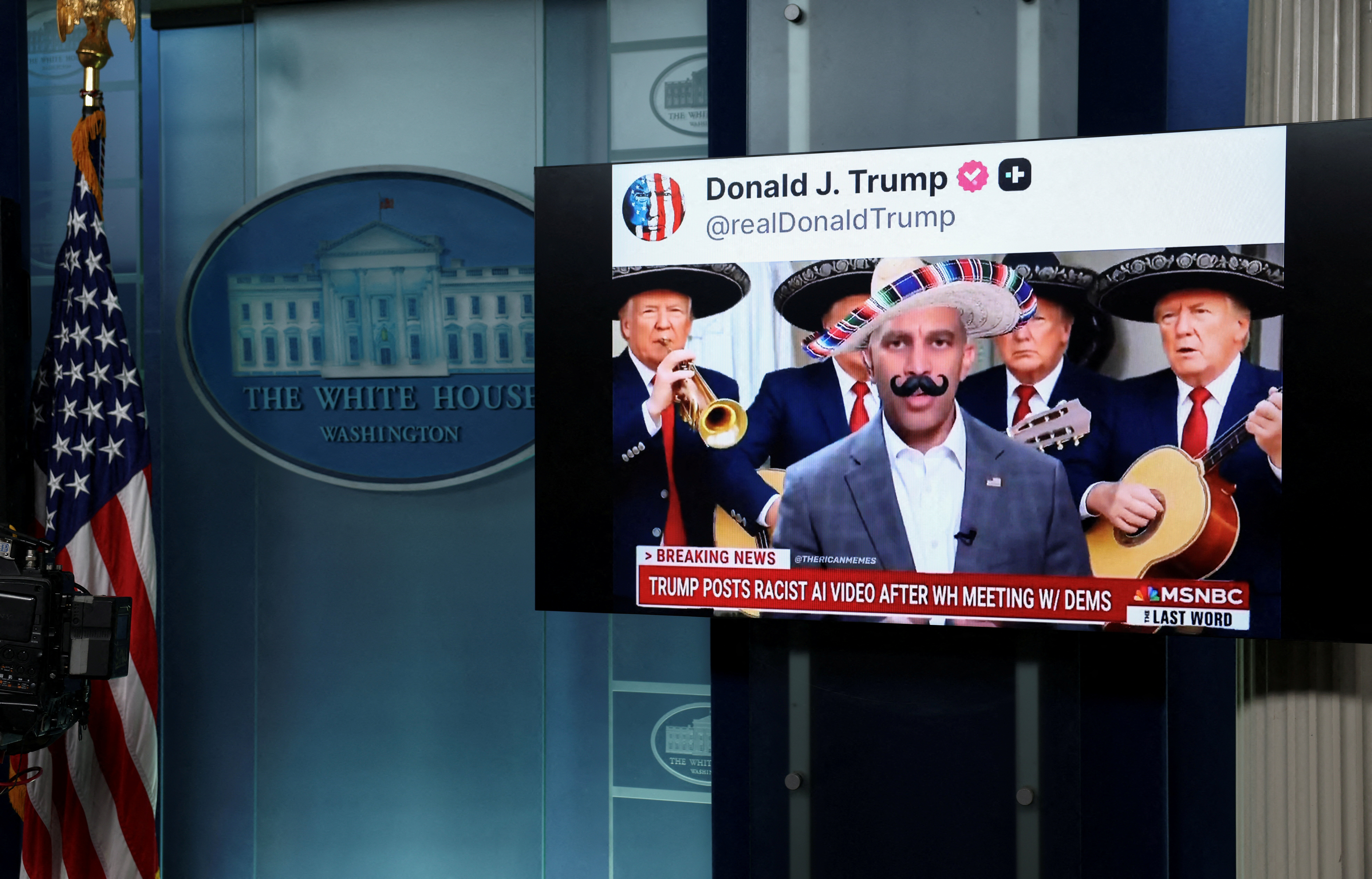 An AI-generated fake video posted on US President Trump’s Truth Social account depicting House Minority Leader Hakeem Jeffries wearing a sombrero plays repeatedly in the White House Briefing Room, in Washington, DC, US, October 1, 2025. (Reuters)
